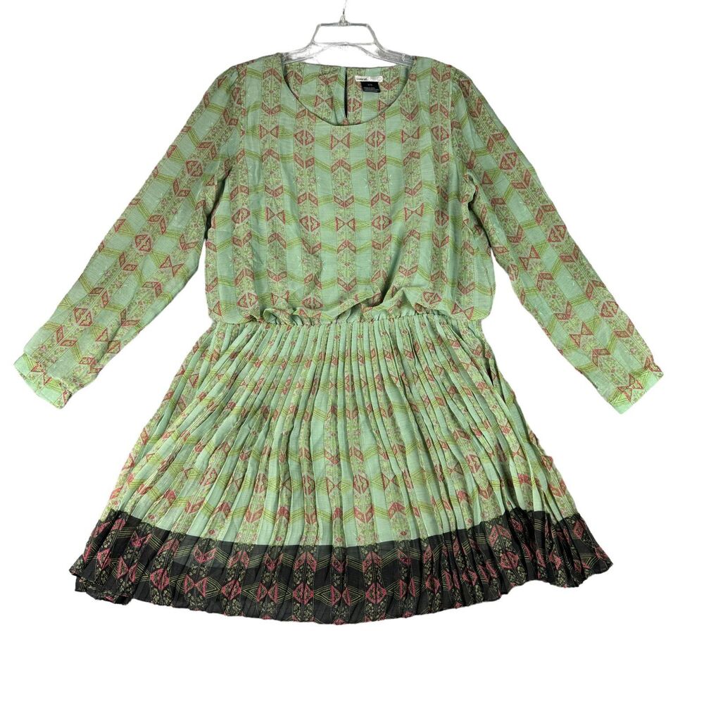 Anthropologie Lavand Dress Womens Large Green Minted Meadow Pleated Boho Tribal